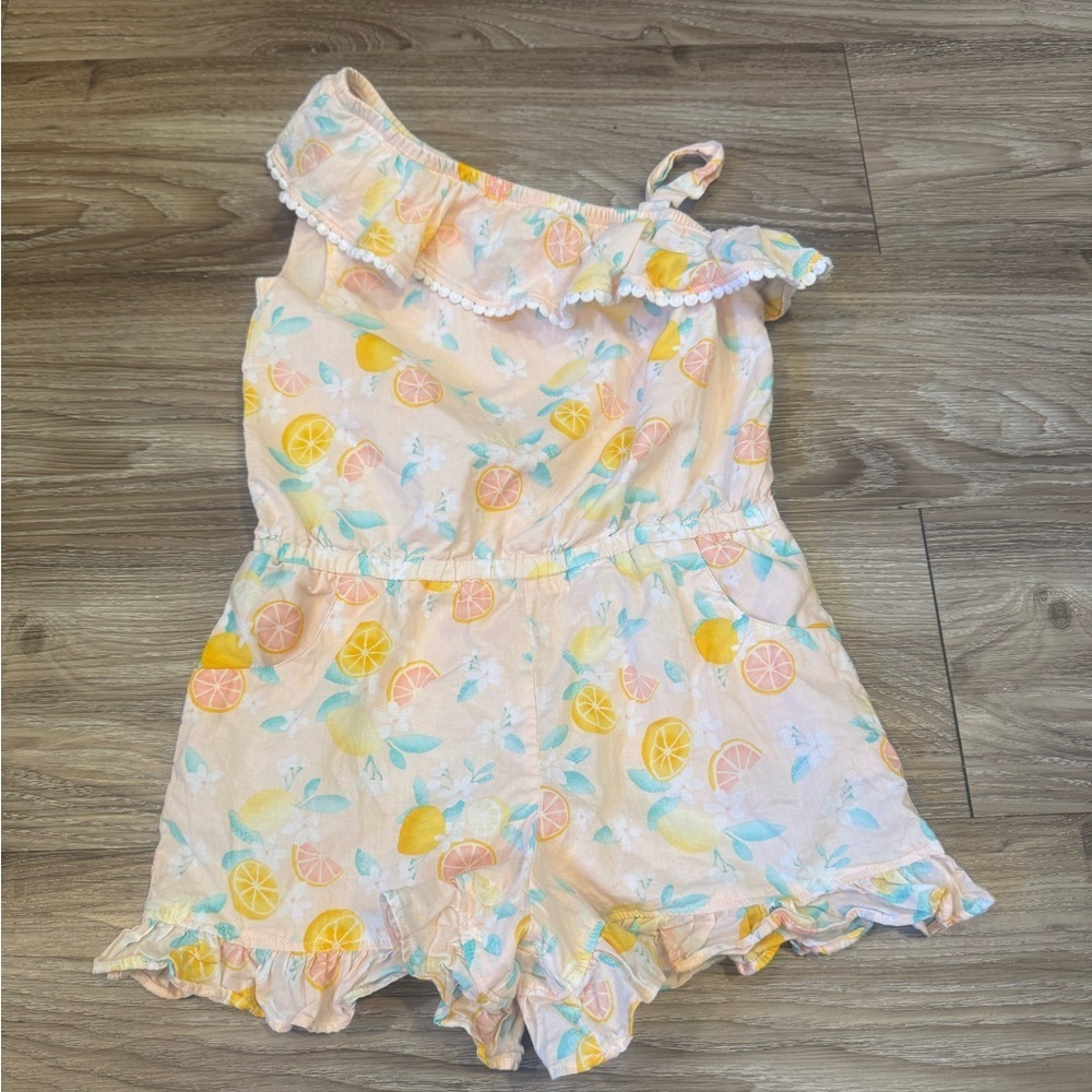 Janie and Jack peach color fruit print cotton romper girls size 7